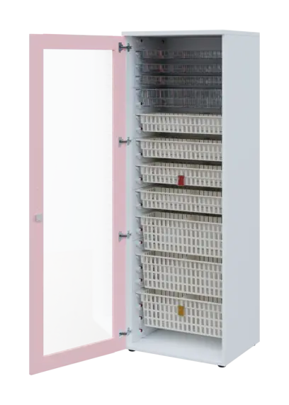 EUROMEDICA S - 66 skříň léková boxová, 1-dveřová/prosklená, levá, 1950x660x535, korpus bílý, dvířka pastelově růžová